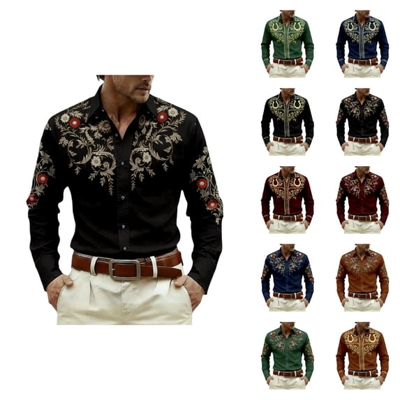 Western Cowboy Shirt for Men Retro Casual Long Sleeve Button Down Collared Shirt