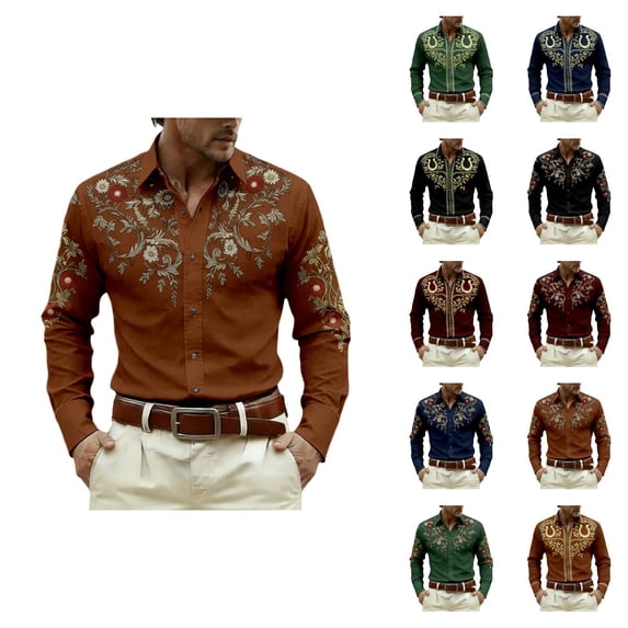 Western Cowboy Shirt for Men Retro Casual Long Sleeve Button Down Collared Shirt