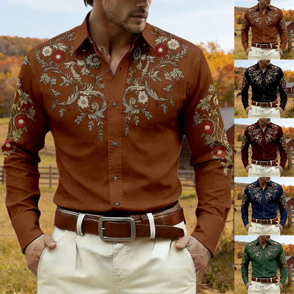 Western Cowboy Shirt for Men Spring Fall Long Sleeve Shirts Country Embroidered Button Collar Top Black M