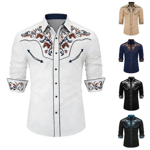 Western Cowboy Shirt for Men Vintage Spring Fall Long Sleeve Shirts Country Embroidered Button Top Khaki S