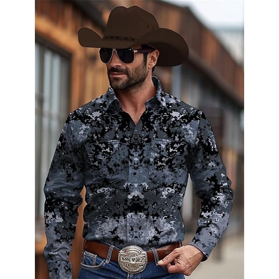 Western Cowboy Shirts for Men Camouflage Long Sleeve Button Down Cotton Work Shirt Casual Jacket Tops with Pockets Blue L
