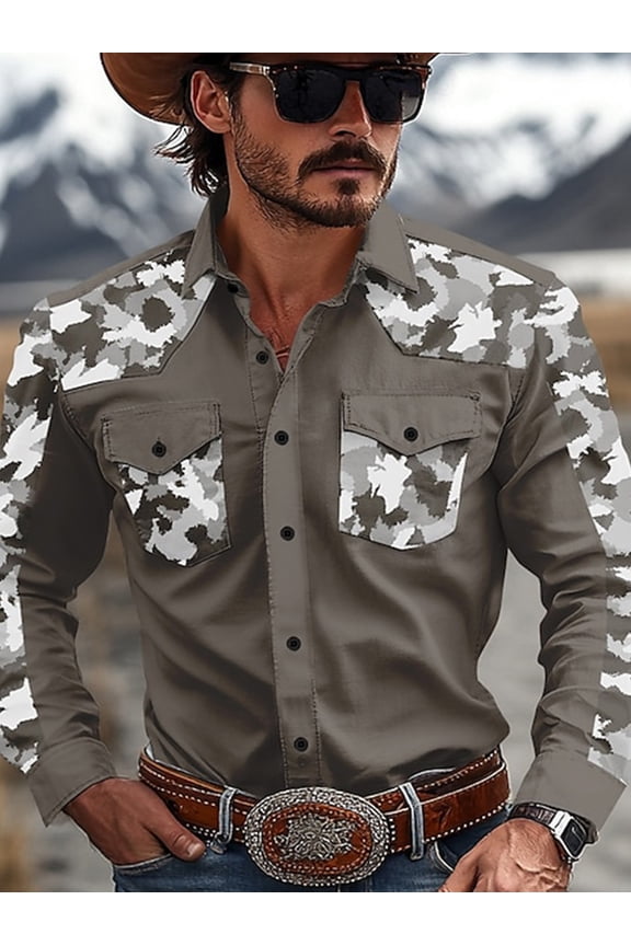 Western Cowboy Shirts for Men Camouflage Long Sleeve Button Down Cotton Work Shirt Casual Jacket Tops with Pockets Gray 3XL