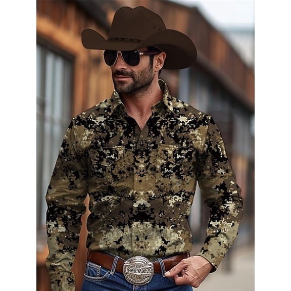 Western Cowboy Shirts for Men Camouflage Long Sleeve Button Down Cotton Work Shirt Casual Jacket Tops with Pockets Green A XXL