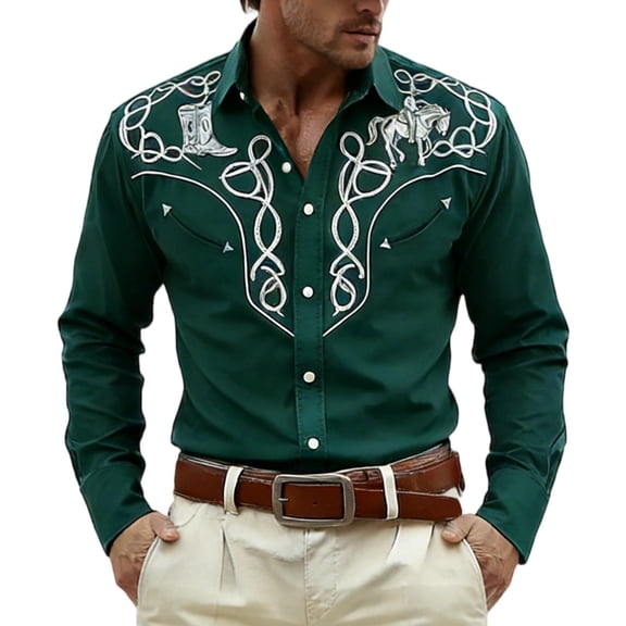 Western Cowboy Shirts for Men Carnival Long Sleeve Button Down Lapel Top Casual Stylish Comfortable Mens Shirt Dark Green M