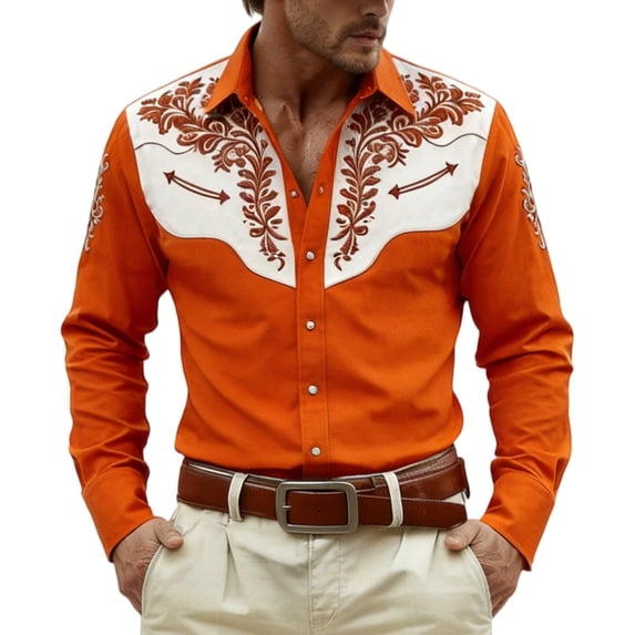 Western Cowboy Shirts for Men Carnival Long Sleeve Button Down Lapel Top Casual Stylish Comfortable Mens Shirt Orange XXL