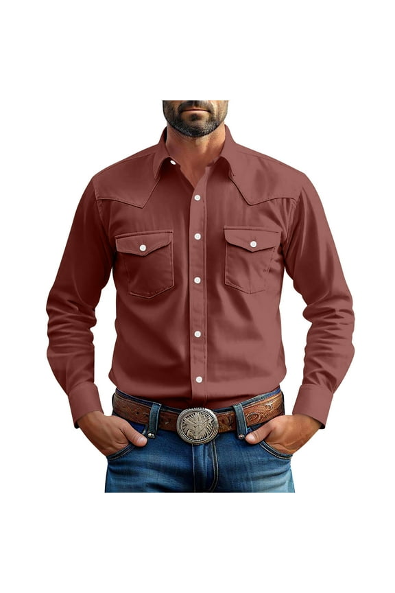 Western Cowboy Shirts for Men Pearl Snap Button Down Cotton Work T-Shirt Men's Casual Shirt Jacket with Two Pockets 2025