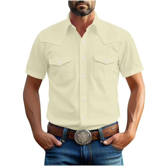 Western Cowboy Shirts for Men Pearl Snap Button Down Cotton Work T-Shirt Men's Casual Shirt Jacket with Two Pockets