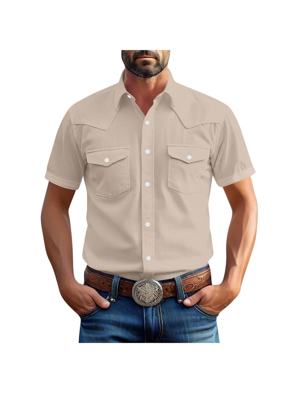 Western Cowboy Shirts for Men Pearl Snap Button Down Cotton Work T-Shirt Men's Casual Shirt Jacket with Two Pockets