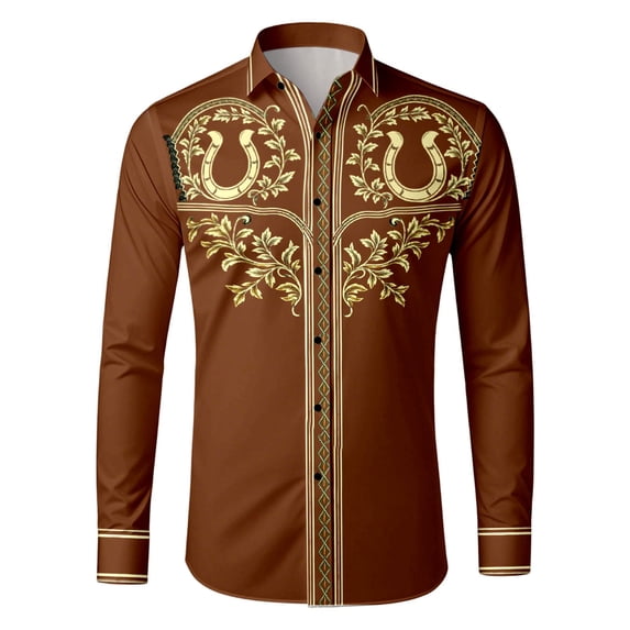 Western Cowboy Shirts for Men Pearl Snap Long Sleeve Embroidered Country Shirt Casual Work Slim Fit Button Down Clothes, Brown Size S