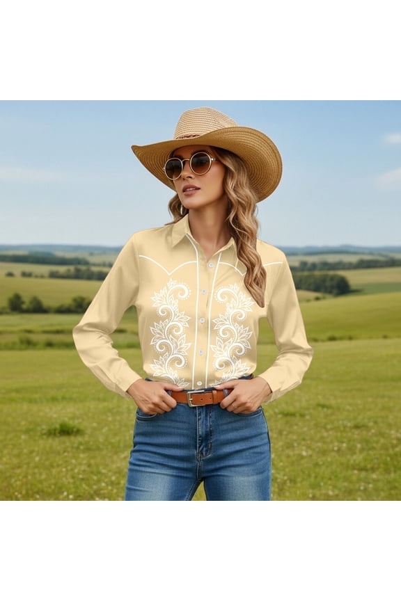Western Cowboy Shirts for Women Cowgirl Button Down Shirt Floral Embroidery Country Style Long Sleeve Beige Tops L