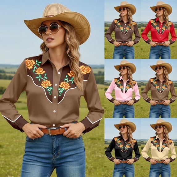 Western Cowboy Shirts for Women Cowgirl Floral Embroidery Long Sleeve Button Down Shirt Spring Fall Snap Red Tops XXL