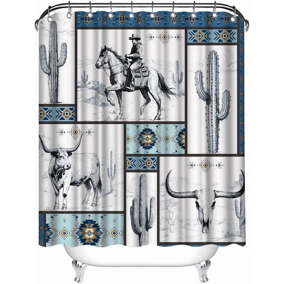 Western Cowboy Shower Curtain Aztec Cactus Print Rustic Southwest Bathroom Decor (Blue)