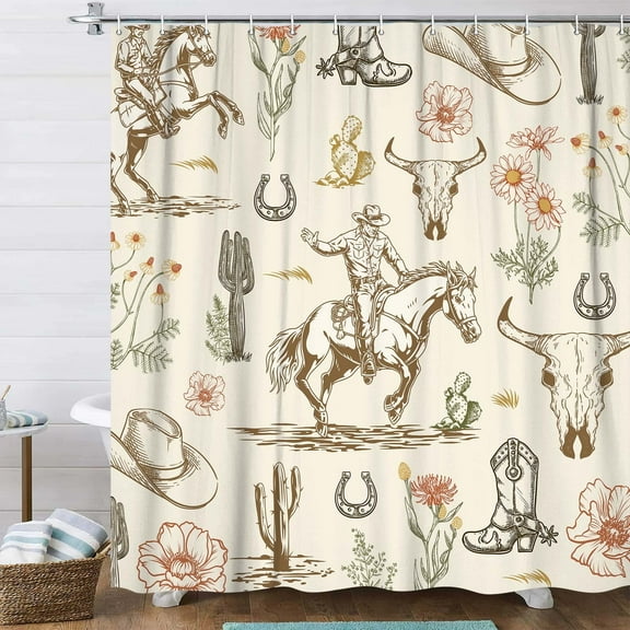 Western Cowboy Shower Curtain for Bathroom, Farmhouse Country Cowboy Cactus Desert Cow Skull Shower Curtain Set, Rustic Farm Line Drawing Waterproof Polyester Bath Curtains Decor with Hooks,72X72