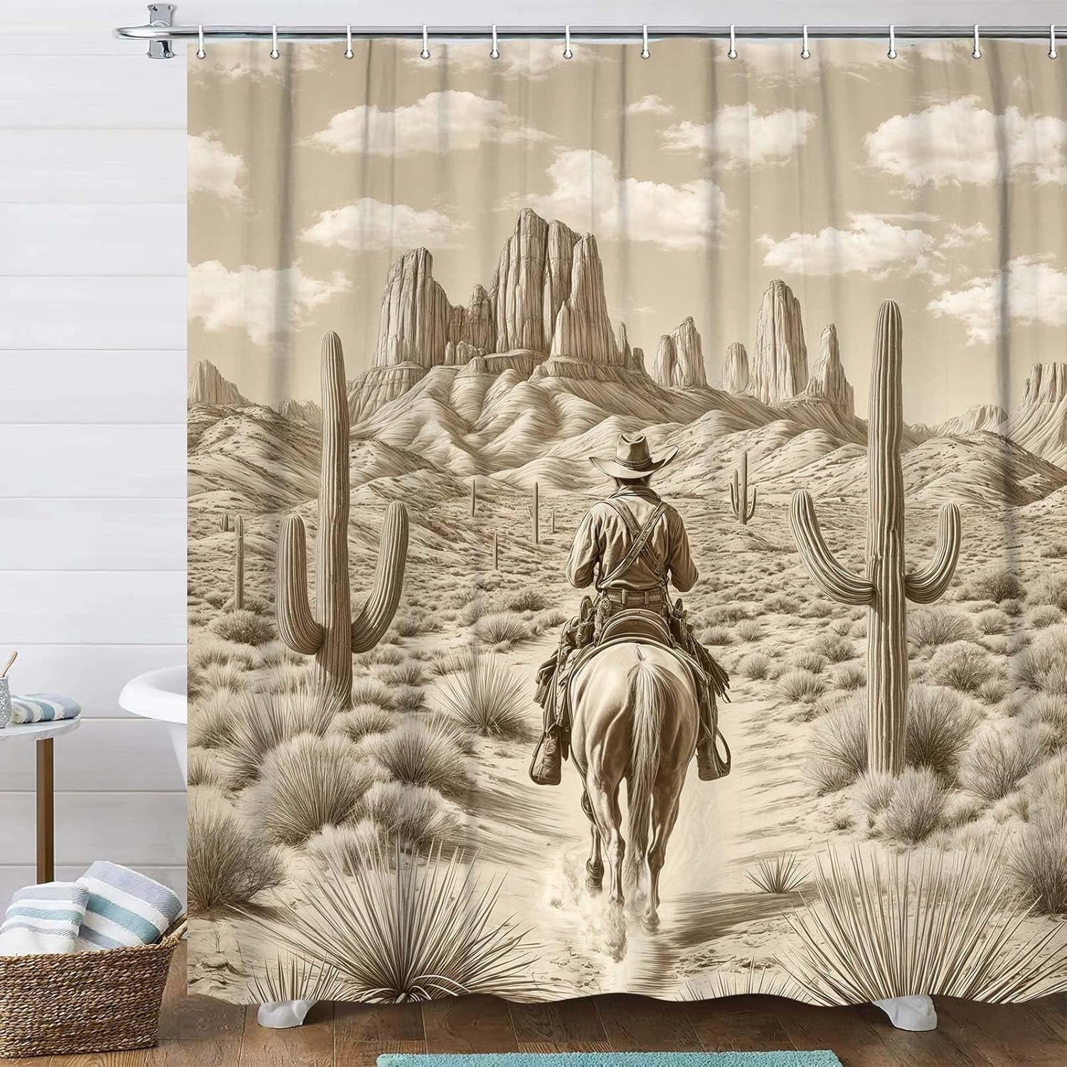 Western Cowboy Shower Curtain for Bathroom, Retro Rustic Cowboy Riding Horse in Desert Cactus Vintage Farmhouse Shower Curtain Fabric Bath Curtains with Hooks,72X72
