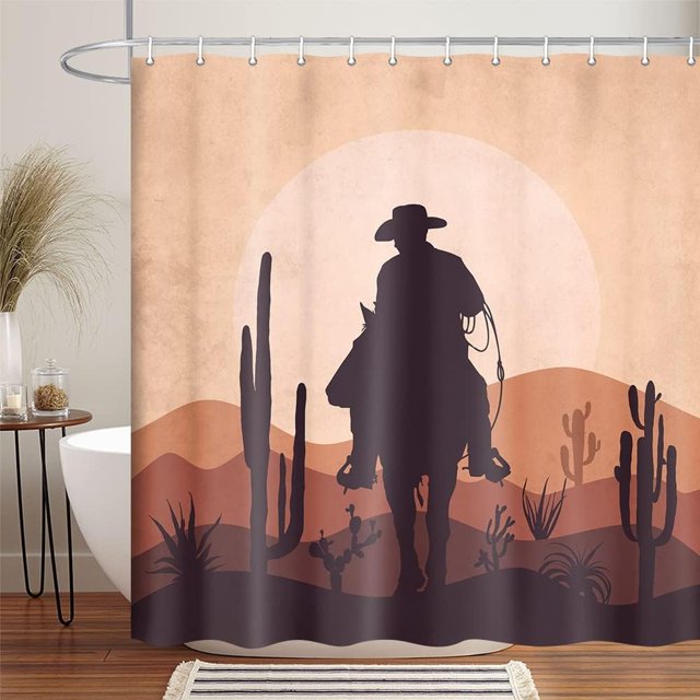 Western Cowboy Shower Curtain, Country Cowboy Riding Horse in Wild West