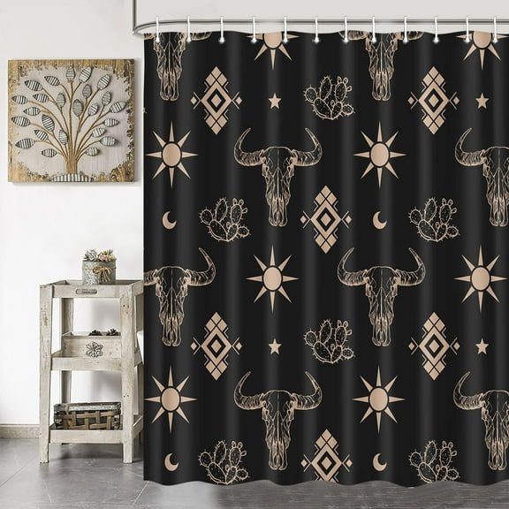 Western Cowboy Shower Curtain, Cow Skull Shower Curtains for Bathroom, Boho Cactus Black and Gold Shower Curtain Set, American West Waterproof Polyester Bath Curtain Bathroom Decor,70X70IN