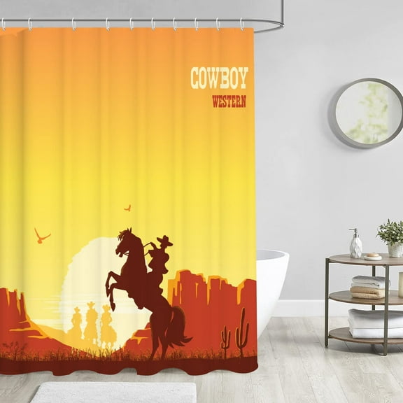 Western Cowboy Shower Curtain, Desert Shower Curtain, Retro Shower Curtain for Bathroom Wild West Cowboy Riding Horse at Sunset, Waterproof Fabric with 12PCS Hooks, 72 X 72 Inches