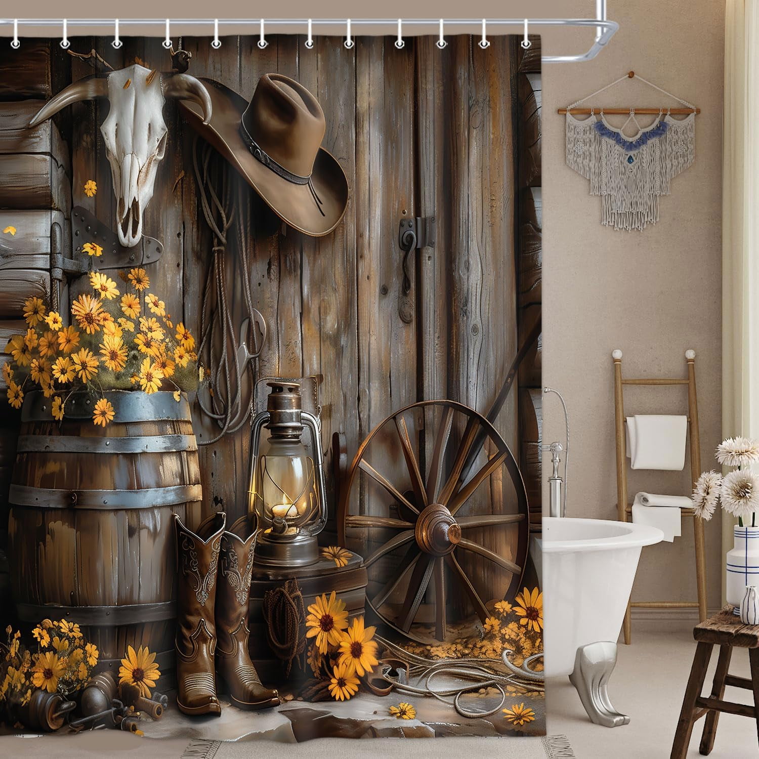 Western Cowboy Shower Curtain with Farmhouse Barn Door, Southwest Country Ranch Bath Curtain with Cowboy Boots Floral, Rustic Southwestern Theme Bathroom Decor Set with Hooks 70X75in