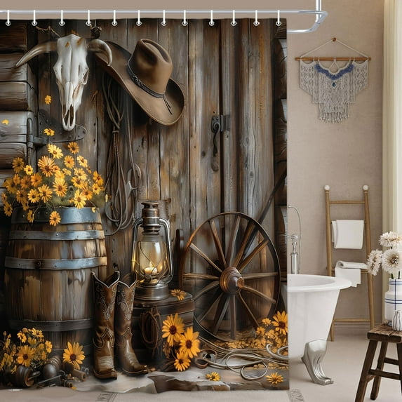 Western Cowboy Shower Curtain with Farmhouse Barn Door, Southwest Country Ranch Bath Curtain with Cowboy Boots Floral, Rustic Southwestern Theme Bathroom Decor Set with Hooks 72X84in