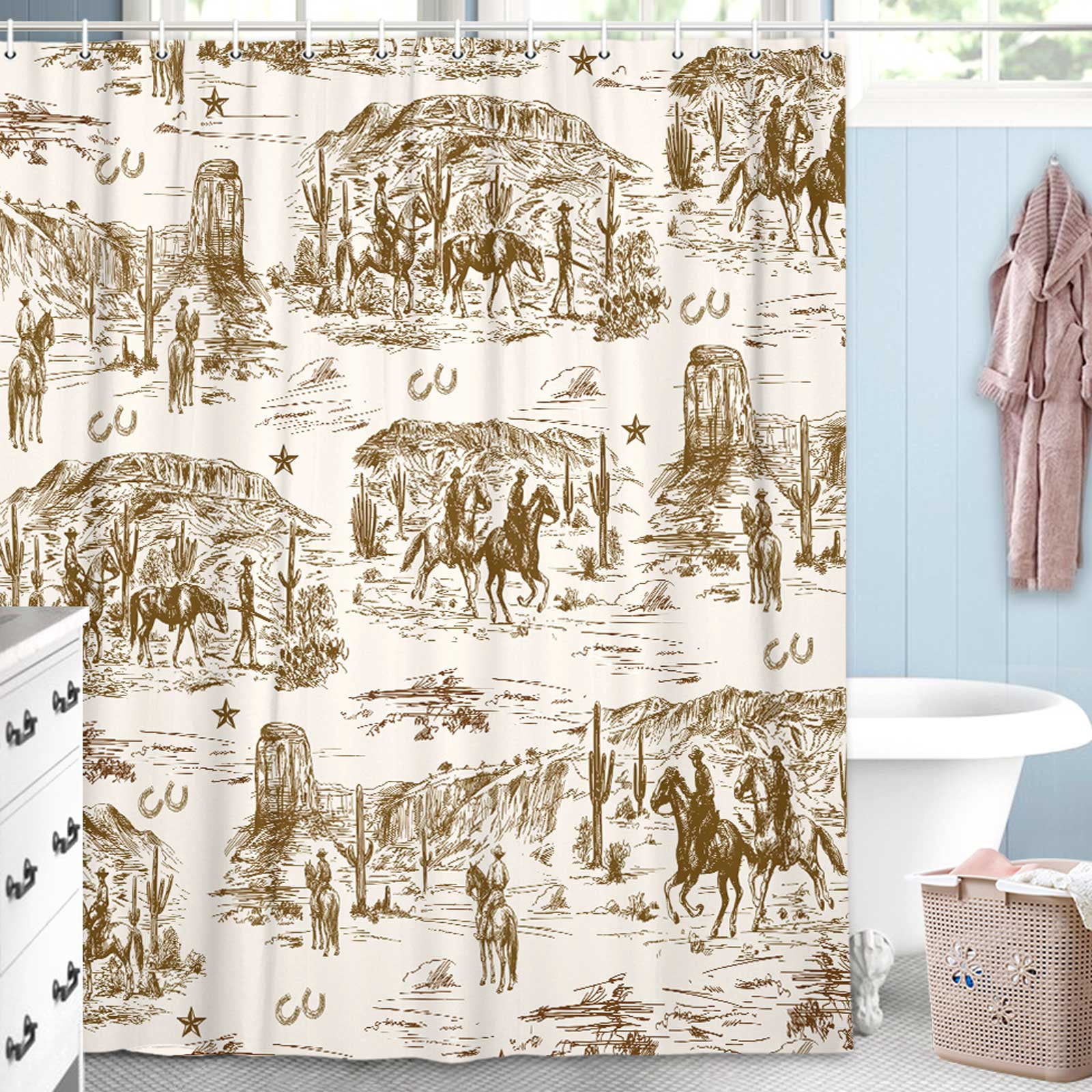 Western Cowboy Shower Curtain Set - Wild West Horse Desert Cactus Design, 36x72 Inch Farmhouse Bathroom Decor With Hooks - View #5