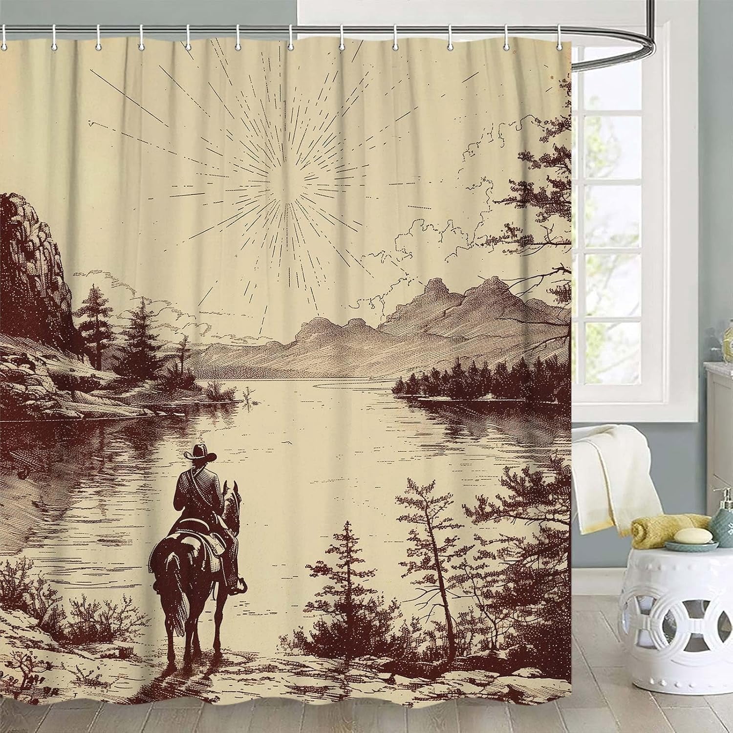 Western Cowboy Shower Curtain, Retro Country American Wild West Cowboy Riding Horse by The River Hand Drawn Fabric Shower Curtain for Bathroom Home Decor,47X64