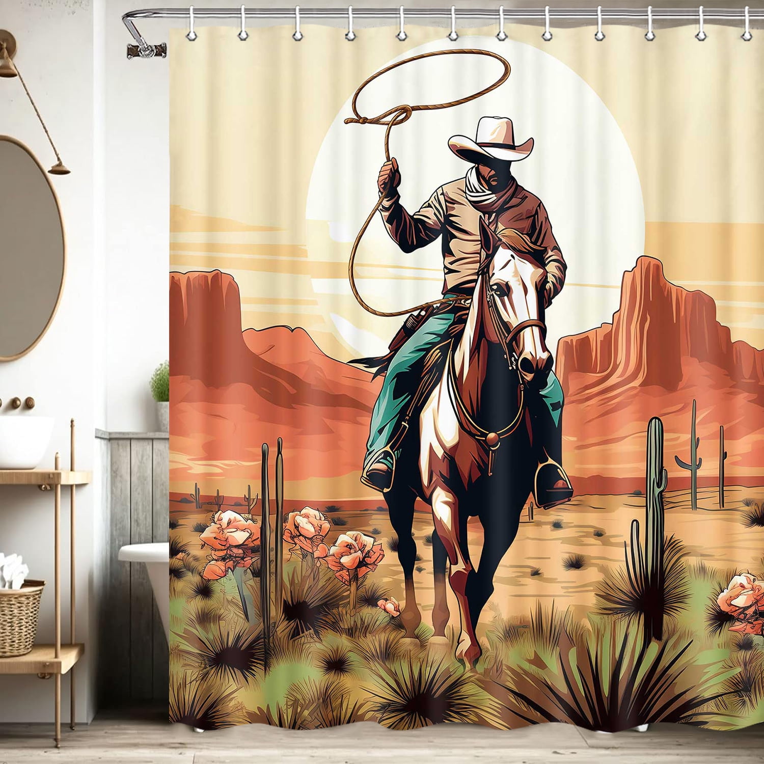 Western Cowboy Shower Curtain, Retro Farmhouse Country Cactus Shower