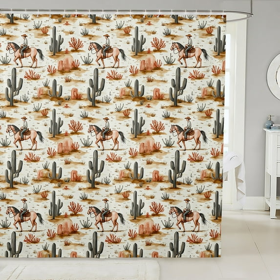 Western Cowboy Shower Curtain Set,West Style Cowboy Horse Bathroom Set Home Decor,Cactus Desert Vintage Bathroom Curtain Rustic Country Fabric Shower Curtain 72"Wx72"L