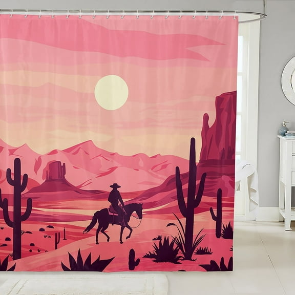 Western Cowboy Shower Curtain Set,West Style Horse Bathroom Set Home Decor,Rustic Country Sunset Bathroom Curtain Cactus Desert Fabric Shower Curtain 72"Wx72"L