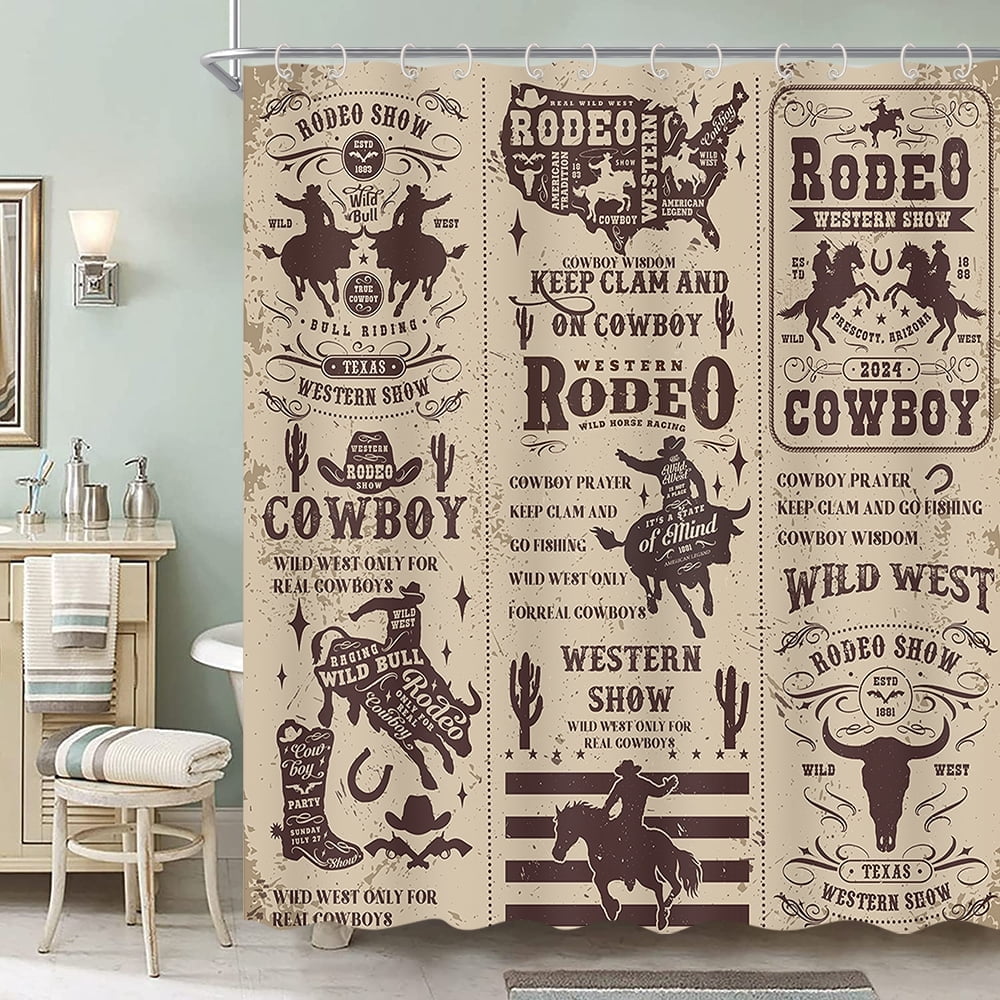 Western Cowboy Shower Curtain Vintage Farmhouse American Wild Cactus West Cowboy Riding Horse Shower Curtain for Bathroom Waterproof Fabric Bath Curatain Set with Hooks 70X75IN