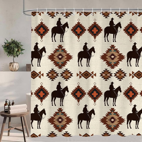 Western Cowboy Shower Curtain, Vintage Wild West Aztec Geometric Pattern Design Shower Curtains for Bathroom‌, Retro Country Farmhouse Theme Waterproof Shower Curtain Sets 12 Hooks 72X72 in
