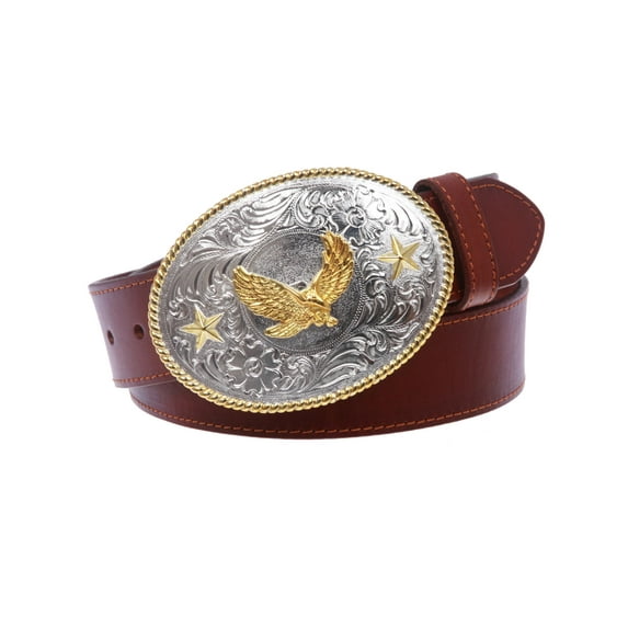 Western Cowboy Silver Buckle with Gold Soaring Eagle Leather Belt