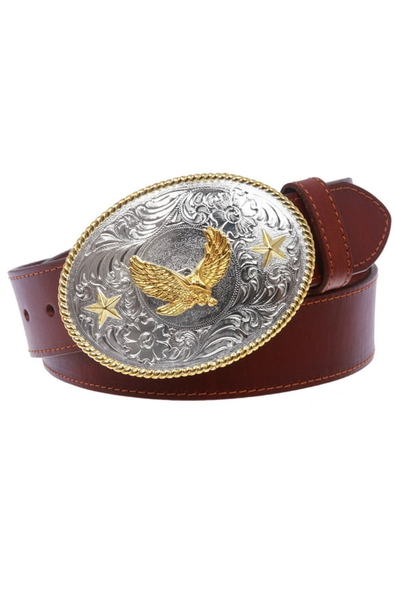 Western Cowboy Silver Buckle with Gold Soaring Eagle Leather Belt