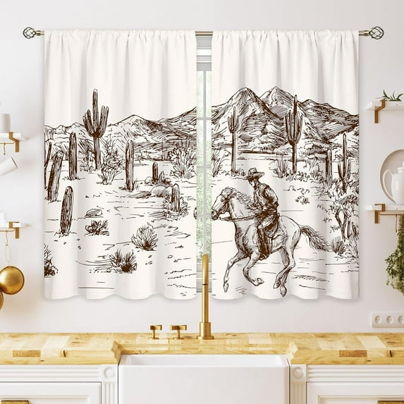 Western Cowboy Small Kitchen Curtains Farmhouse Country Window Treatment Desert Horse Cafe Short Window Curtains for Bathroom Dining Laundry Room Vintage Tier Treatment Drapes 27.5x39 inch