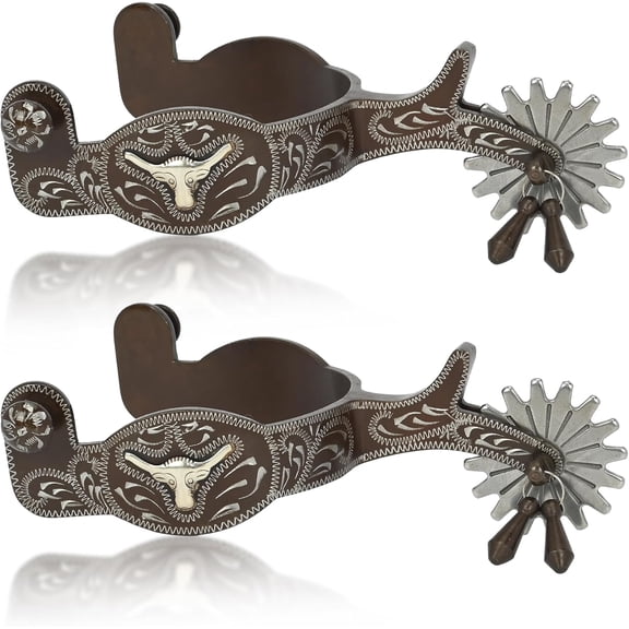Western Cowboy Spurs for Men and Women, Vintage Engraved Horse Riding Spurs with Rotating Rowels, Antique Bronze Steel Boot Spurs for Equestrian Riding and Ranch Work