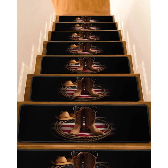 Western Cowboy Stair Treads Rustic Cowboy Boots Hats USA Flag Retro Rope Indoor Non Slip Peel and Stick Stair Treads for Wooden Steps 15 PCS, Soft Adhesive Staircase Mats Runner Rugs 8"x30"