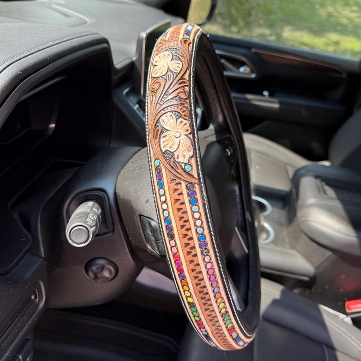 Tooled Leather Steering Wheel Cover