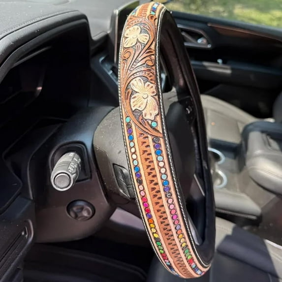 Western Cowboy Steering Wheel Cover, Rustic Western Country Cowboy Colorful Tooled Leather Car Steering Wheel Cover, SUV Wheel Protector, Breathable, Anti-Slip, Odorless, Universal for 14.5-15"