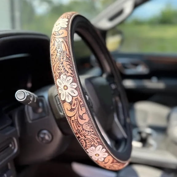 Western Cowboy Steering Wheel Cover, Rustic Western Country Cowboy Colorful Tooled Leather Car Steering Wheel Cover, SUV Wheel Protector, Breathable, Anti-Slip, Odorless, Universal for 14.5-15"