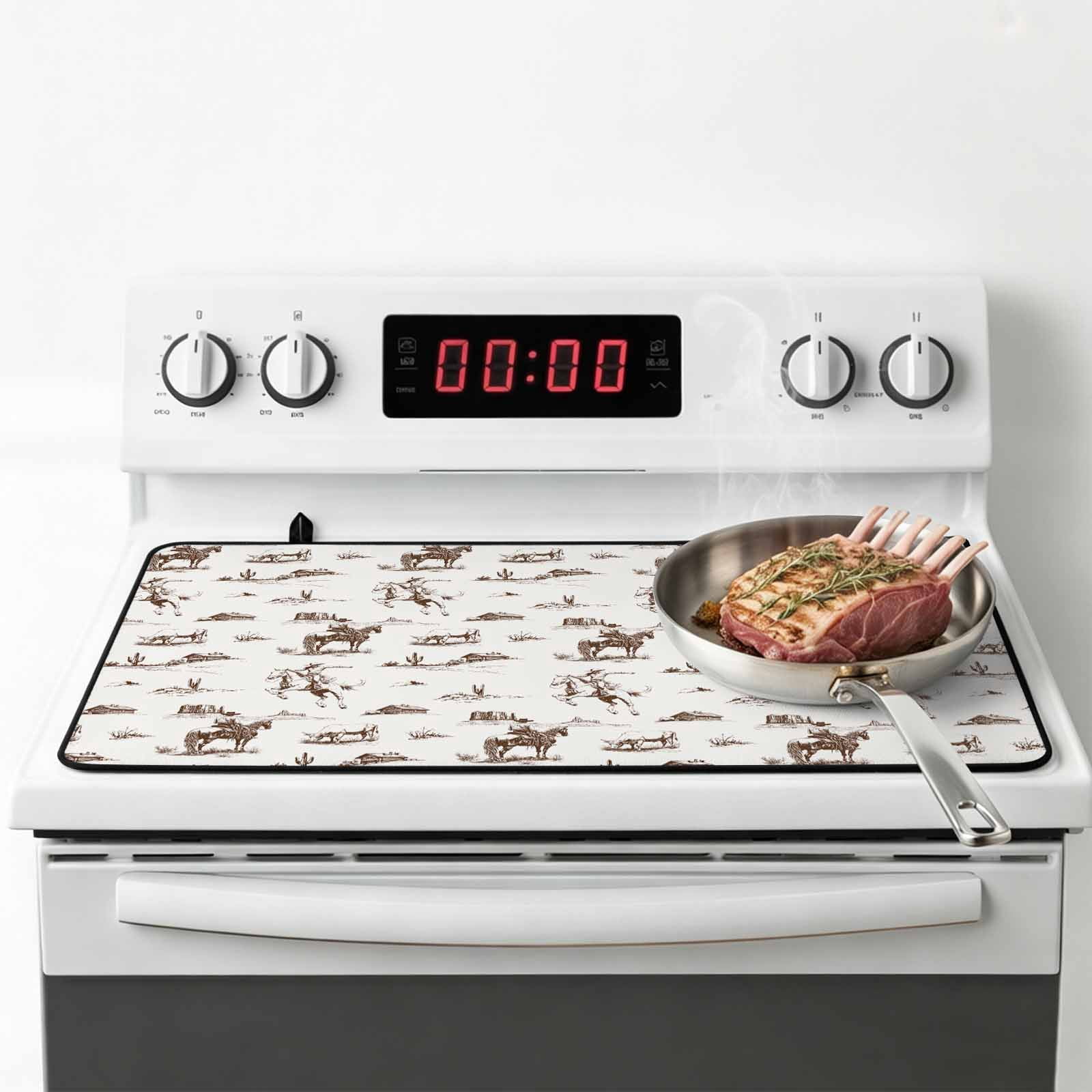 Western Cowboy Stove Top Cover for Electric Stove, Heat-proof & Non Slip Glass Top Stove Cover Protector, Retro Desert Cactus Country Cowboy Brown Kitchen Flat Cooktop Rubber Mat 28.5x20.5 Inches
