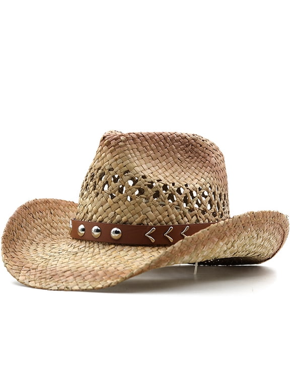 Western Cowboy Straw Hat for Men Women, Wide Brim Summer Sun Hat with Studded Leather Band, Breathable Hollow Out Beach Hat for Outdoor Travel Holiday, Classic Cattleman Style