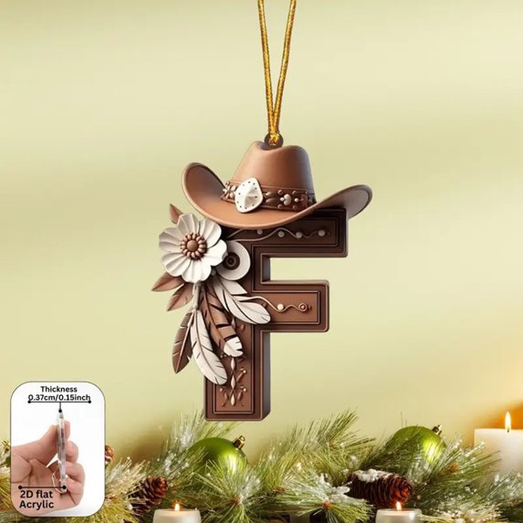 Western Cowboy Style Acrylic Letter Pendants - Assorted Alphabet Christmas Tree Ornaments with Cowboy Hats & Floral Details, Festive Holiday Decor Gifts