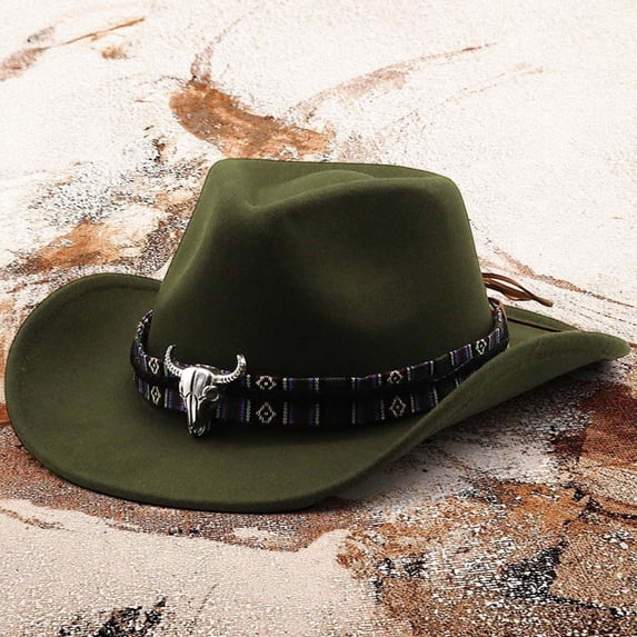 Western Cowboy Style Hat Jazz Bowler Cow Head Decoration Ethnic Accessory, M, Army Green