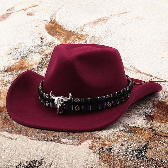 Western Cowboy Style Hat Jazz Bowler Cow Head Decoration Ethnic Accessory, M, Wine