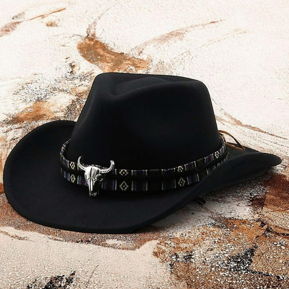 Western Cowboy Style Hat Jazz Bowler Hat Cow Head Decoration Ethnic Style Hat Outback Hats for Men Oilskin Mens Western Hat Can Leather Top Hat 8 1/4 Fitted Hats Cowboy Vest for Men Western 3xl Cow