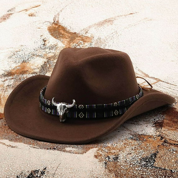 Western Cowboy Style Hat Jazz Bowler Hat Cow Head Decoration Ethnic Style Hat Outback Hats for Men Oilskin Mens Western Hat Can Leather Top Hat 8 1/4 Fitted Hats Cowboy Vest for Men Western 3xl Cow