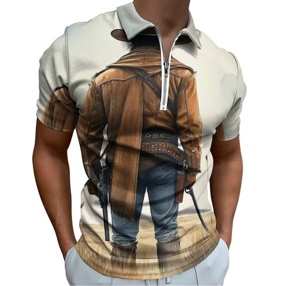Western Cowboy Style Men Zipper T-shirt Summer Casual Short Sleeve T-shirt Top