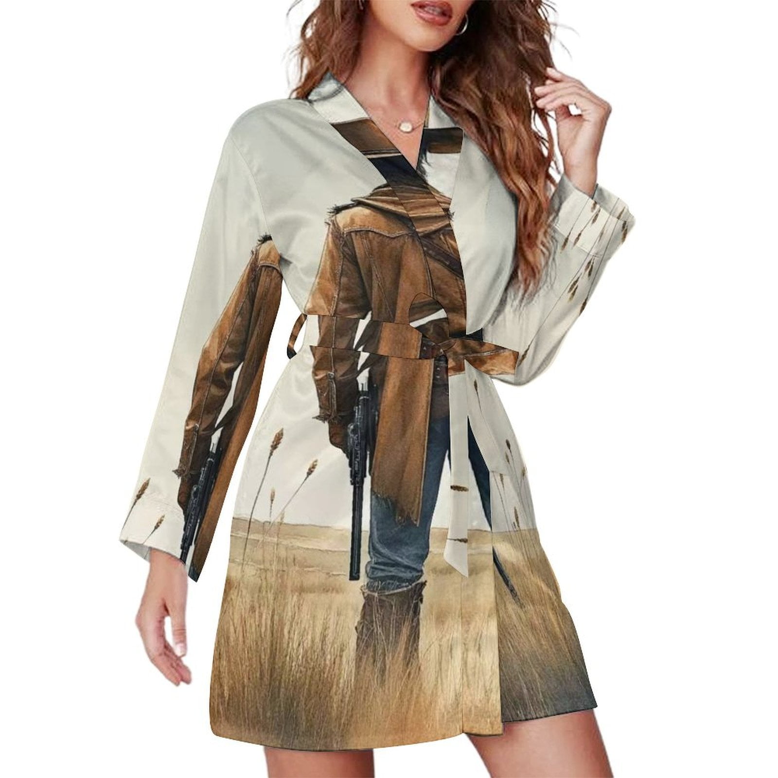 Western Cowboy Style Night Robe Long Sleeve V Neck Robe With Belt Women ...