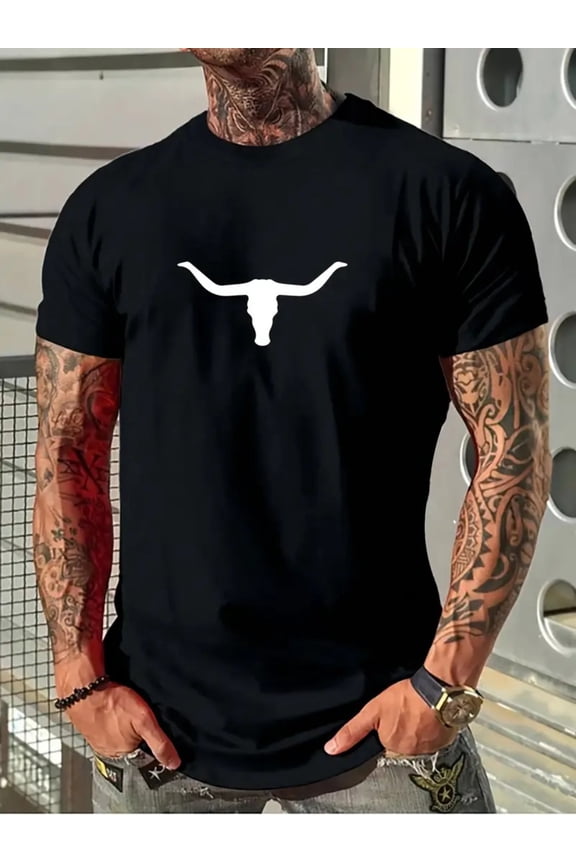 Western Cowboy Style, A White Longhorn Skull Pattern-Men'S Casual Four Season Oversized Graphic T-shirt Short Sleeved Loose T-shirt, Suitable for Street and Outdoor Activities