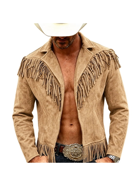 Western Cowboy Suede Tassel Jacket Men with Fringe Turn Down Collared Vintage Jackets Open Front Cardigan Lightweight Outerwear