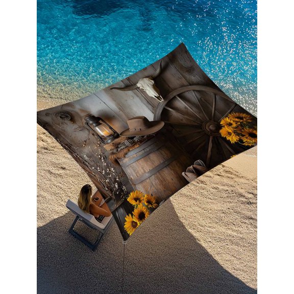 Western Cowboy Sun Shade Sail 14' x 18', Vintage Hat Boots Bucket Wheel Sunflower Wood Grain Rectangle Outdoor Sunshade Canopy, Waterproof UV Block Patio Covers for Garden Yard Beach